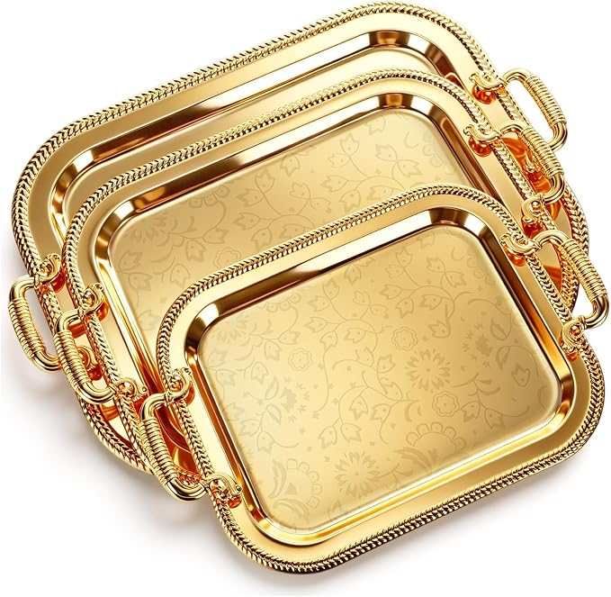 3 Pack Metal Serving Trays with Handles, Decorative Floral Platter Trays for Coffee Tea, Food, Dessert, Jewelry, for Buffet Wedding Party Kitchen Home Decor(Lovely,Silver, Gold)