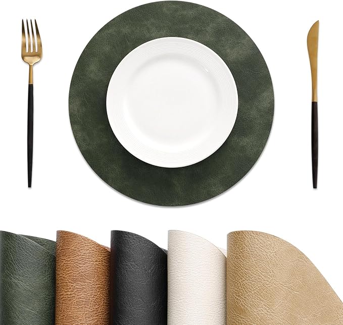 MOSAYT 13 Inch Round Vinyl Placemats Set of 6 - Faux Leather 100% Waterproof Oil-Proof Wipeable PU Place Mats, Heat Resistant Reversible Table Mats for Kitchen, Dining, Outdoor, Olive Green