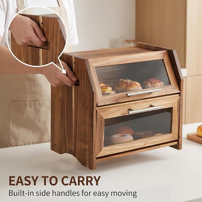 Garvee Acacia Wood Double Layer Bread Box, Clear Acrylic Door | Ventilation Design, Compact Countertop Organizer, Farmhouse/Country/Modern Kitchen Decor Styles