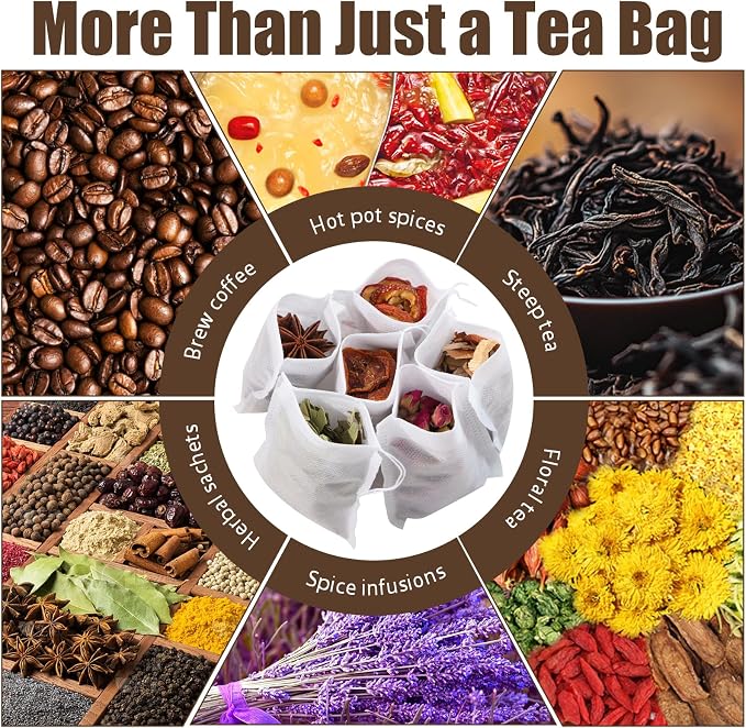 300 PCS Disposable Tea Bags for Loose Leaf Tea, Empty Tea Bags | 3.54" x 2.75" Food-Grade Drawstring Tea Filter Sachets, Safe for Hot Water Brewing, for Loose Tea, Coffee, Herbs & Spices