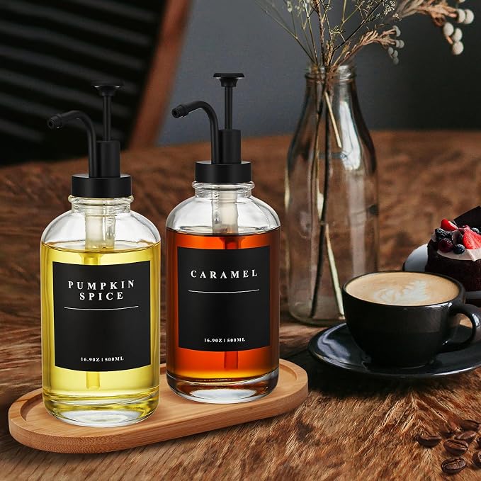 Coffee Syrup Dispenser for Coffee Bar with Black Upgraded Pump, 2 Pack | 16.9 oz 500 ml Syrup Dispensers, Coffee Syrup Pump Dispenser, Glass Syrup Bottle 28 Labels and Bamboo Tray