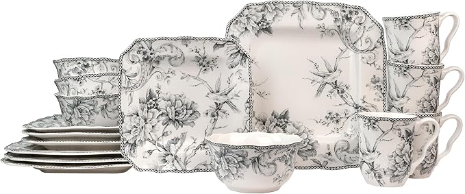 222 Fifth Adelaide Grey 16-Piece Floral Porcelain Dinnerware Set | Microwave and Dishwasher Safe Dining Set for 4 | Stackable and Chip-Resistant Plates Bowls and Cups | Gift for Housewarming & Wedding
