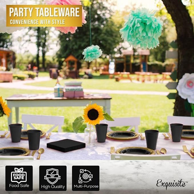 350 Pcs Black & Gold Plastic Plates For Party, Black & Gold Disposable Plates Set, 50 Of Each 9" Dinner Plate Set, 7" Dessert Plate, Cups, Napkins & Cutlery Plastic Dinnerware Exquisite