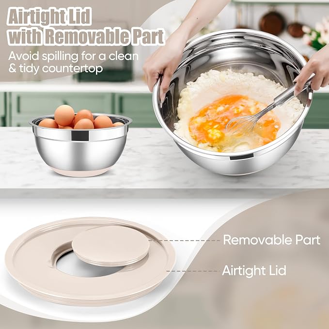 E-far Stainless Steel Mixing Bowls with Lids Set, 5-Piece Nesting Salad Bowls with 3 Grater Attachments and Non-Slip Bottoms, Size 4.6, 2.6, 2, 1.5, 1QT for Kitchen (Khaki)