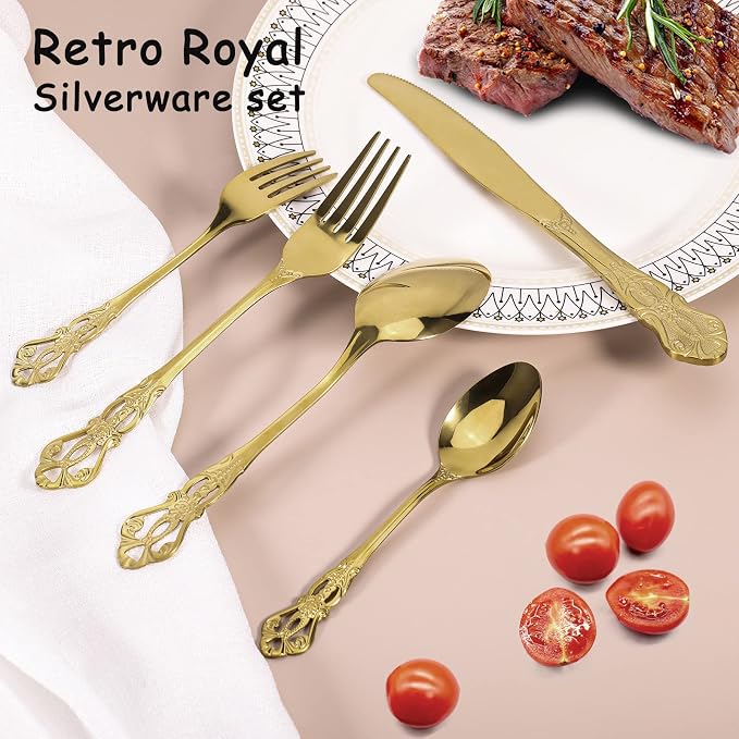 Gold Silverware Set for 4, Stainless Steel Gorgeous Retro Royal Flatware Set, 20-Pieces Cutlery Tableware set, Kitchen utensils set Include Spoons And Forks Set, Mirror Finish, Dishwasher Safe