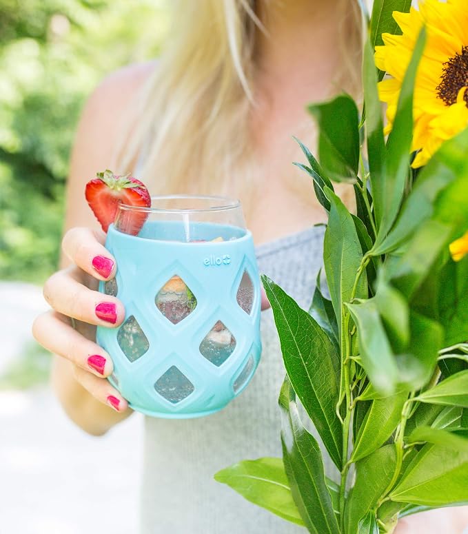 Ello Cru 17oz Stemless Wine Glasses with Silicone Sleeves, 4 Pack, Paloma | Set of wine glasses with silicone sleeves. No-stem, BPA-free, dishwasher safe, ideal for patios, parties, and BBQs.