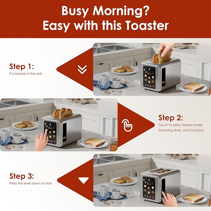 WHALL Full Touch Screen Toaster 2 Slice, Smart Toaster for Bread, Silver | 1.5'' Extra Wide Slot, 6 Shade Settings, Reheat/Defrost/Mute/Standby, Gluten-Free Waffle Pastry Mode, Stainless Steel, Silver