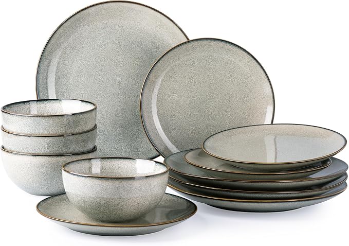 GBHOME Dinnerware Sets for 4, 12 Pieces Ceramic Plates and Bowls Set | Scratch Resistant Stoneware Dishes Set, Dishwasher & Microwave Safe, Reactive Glaze-Green Wheat
