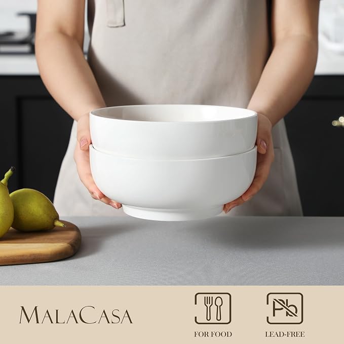 MALACASA Large Serving Bowls, 60 OZ (8") White Salad Bowls Set of 2 | Ceramic Bowls for Kitchen, Soup, Pasta, Dinner, Porcelain Bowls Set for Entertaining, Microwave & Dishwasher Safe