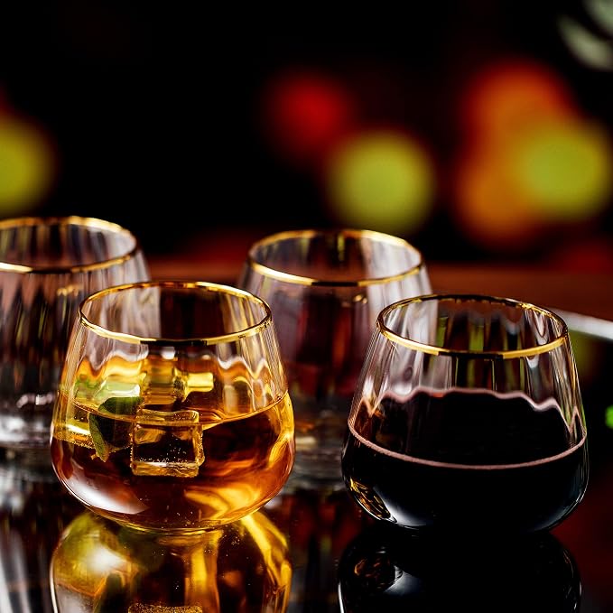 Lysenn Stemless Wine Glasses Set of 4, Red and White Wine, Gold Rim, 11.8oz | Hand Blown, Premium Quality, for Dinner Table, Celebration, Holiday Entertaining, Bar Carts and Home Bars, Ideal Wedding Gift