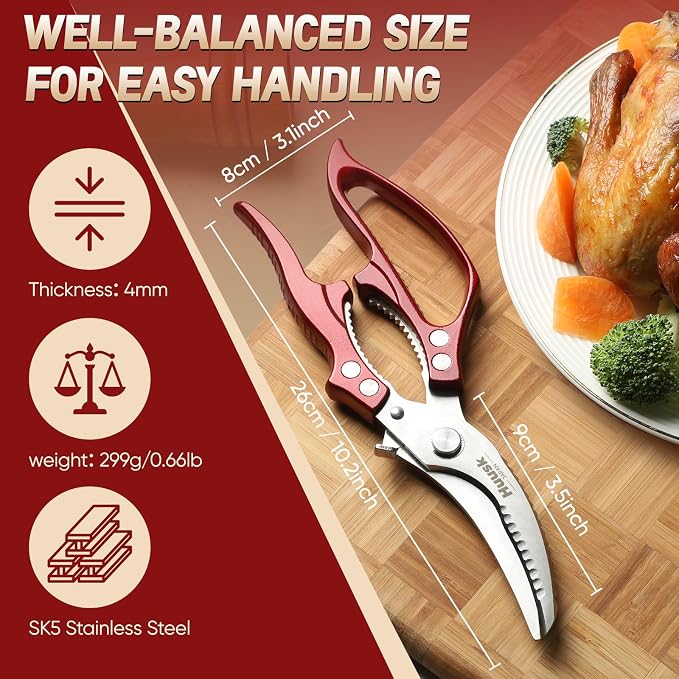 Huusk Poultry Shears Heavy Duty – All Purpose Japanese Kitchen Scissors | SK5 Steel Kitchen Shears for Meat, Fish, Vegetables, Chicken Bones, Turkey, Ergonomic Non-Slip Red Handle, Gifts for Women