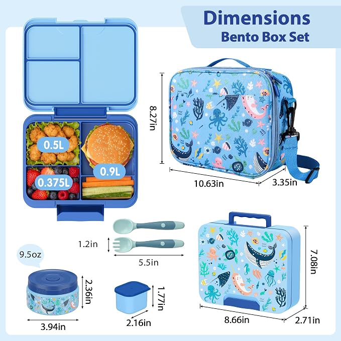 Kids Bento Lunch Box Set with 9.5oz Soup Thermo, Leak-Proof Lunch Food Containers with 3 Compartment and Removable Inner Tray, Insulated Hot Food Jar with Lunch Bag for School, Office, Sea Blue