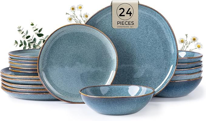 AmorArc Ceramic Dinnerware Sets for 8, 24Pcs Plates and Bowls Sets Dishes | Stoneware Handmade Reactive Glaze Dinner Set, Highly Scratch Resistant | Dishwasher & Microwave Safe Dishware