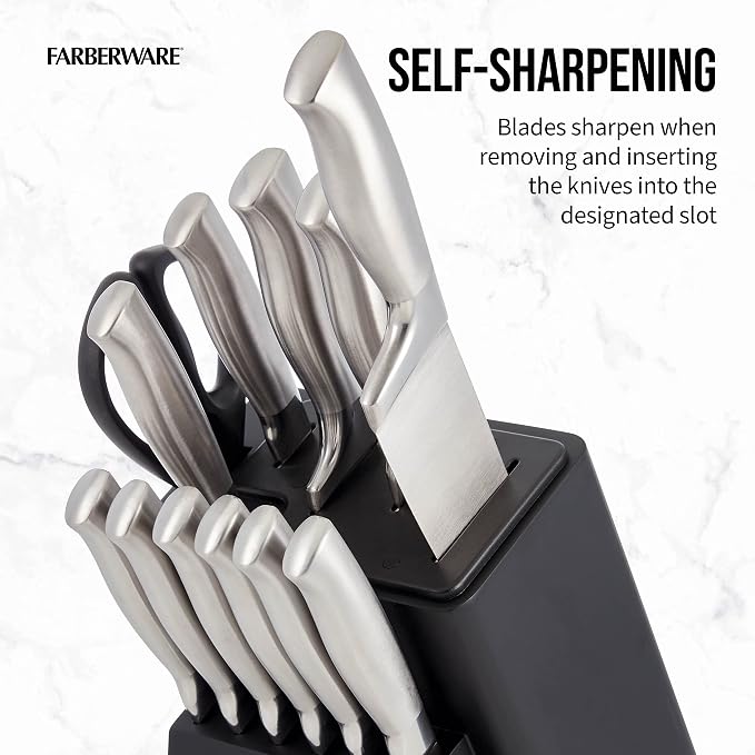 Farberware Self-Sharpening Knife Block Set, 13-Piece Kitchen Knife Set with EdgeKeeper Technology, High-Carbon Stainless Steel Blades, Ergonomic Hollow Handles, Black Wood Block