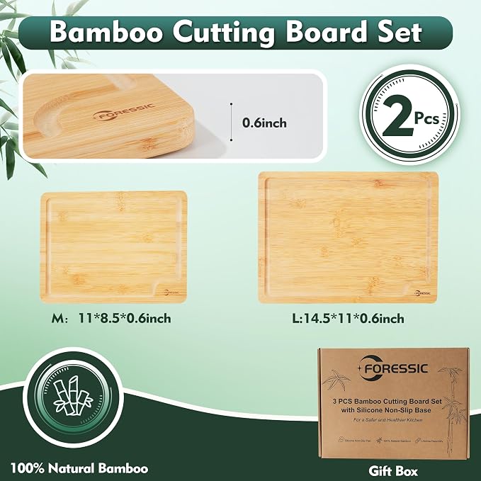 Wood Cutting Board Set Non Slip Feet Over Sink Natural Bamboo Set With Smooth Surface Knife-Friendly and Easy Storage Set of 2 Medium - Small Serving Kitchen Gadgets (Natural)