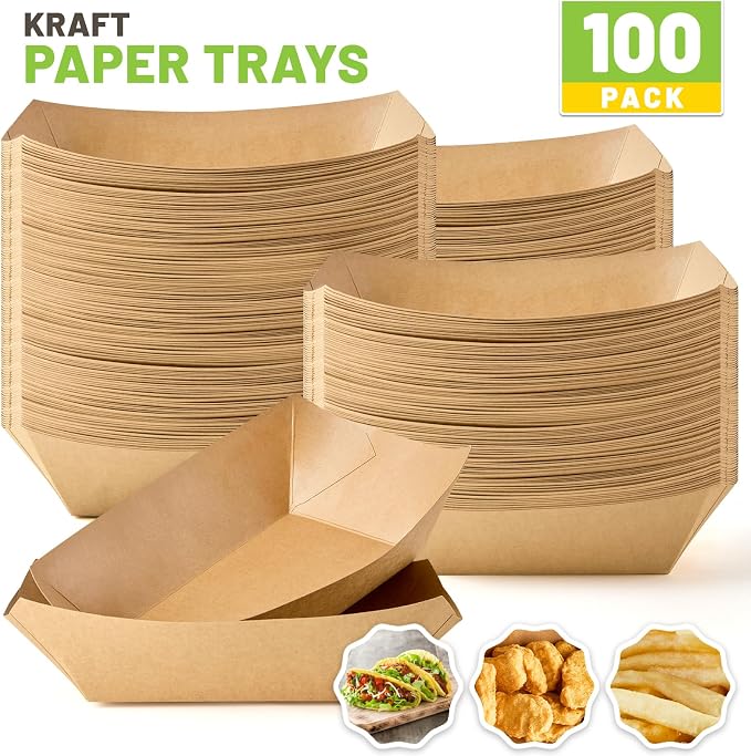 ZORRITA Large Paper Food Trays, 4 LB, 100 Pack | Disposable, Kraft Paper, Nacho Trays, Food Boats, Party Serving Basket, For Nachos Sandwiches Burgers Popcorns Salads Snacks