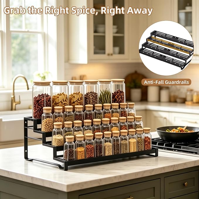 Expandable Spice Rack Organizer for Cabinet 4 Tier Spicy Shelf Black 1Pack | Adjustable Length 13"-21", Easy to See Labels, Sturdy Metal, Slip-Resistant Guardrails for Jars, Cabinet & Countertop Storage