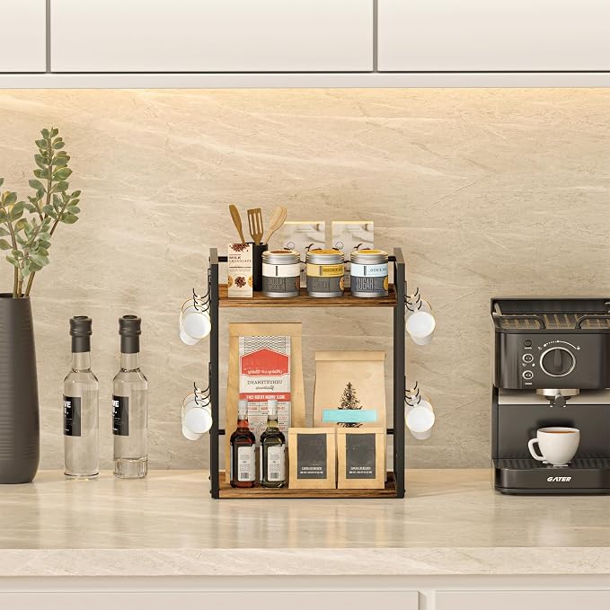 Dorhors Coffee Bar Organizer,Mug Holder,Station Organizer Kitchen Counter | 2 Tier Rustic Brown Wood Coffee Bar Accessories with 12 Hooks,Countertop Shelf for Mug,Syrup and Accessories