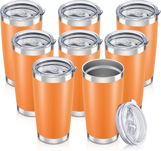 20 oz Tumbler with Lid Stainless Steel Insulated Tumblers Bulk Cups Mug | Double Wall Vacuum, Powder Coated, Keep Drinks Cold and Hot, Waterproof Lid, Fit of Car Cup Holders, Orange, 8 Pack
