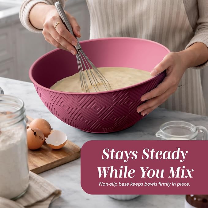 COOK WITH COLOR Mixing Bowls with Lids - 12 Piece Plastic Nesting Bowls Set includes 6 Prep Bowls and 6 Lids, Microwave Safe Mixing Bowl Set, Rose Rhombus