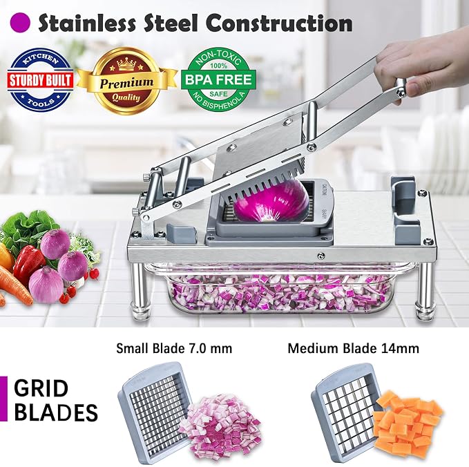Vegetable Chopper Veggie Cutter Onion Food Dicer with Container 8 Blades | Stainless Steel Construction, Fruit Potato Salad Dicer, Dishwasher Safety, Easy Cleaning, Safety Hand Guards