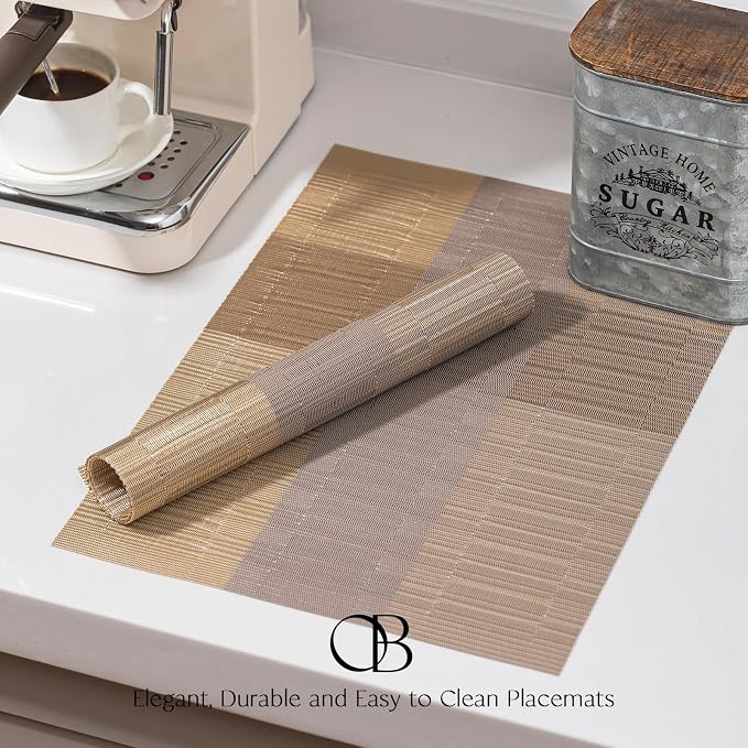 Placemats Set of 4 - Easy Clean Woven Vinyl Placemats for Dining Table, Indoor/Outdoor Place Mats, Washable PVC Table Mats （Gold Dune）