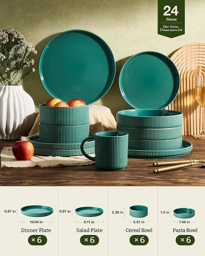 Famiware Stoneware Dinnerware Set with Pasta Bowls, Sage Green Dishes for 6 | 24-Piece Ceramic Double Bowls & Flat Plates, Chip & Scratch Resistant, Microwave & Dishwasher Safe, Everyday Dining, Modern