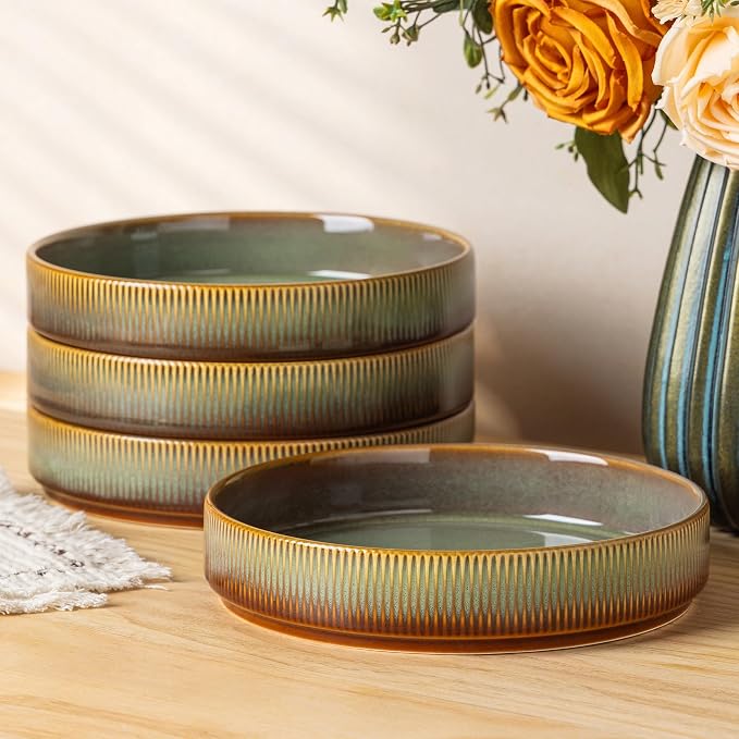 7.5" Ceramic Pasta Bowls Set of 4, Salad Bowls | Versatile Serving Bowls for Pasta, Salad, Fruit & Noodles, Housewarming & Wedding Gift, Sage Umber