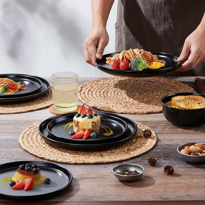 LIANYU Porcelain Dinnerware Sets, 12 Piece Dishes Set for 4, Black Onyx | Ceramic Durable Plates and Bowls, Chip and Scratch Resistant Dishware Dishes Set, Dishwasher & Microwave Safe Stoneware Set