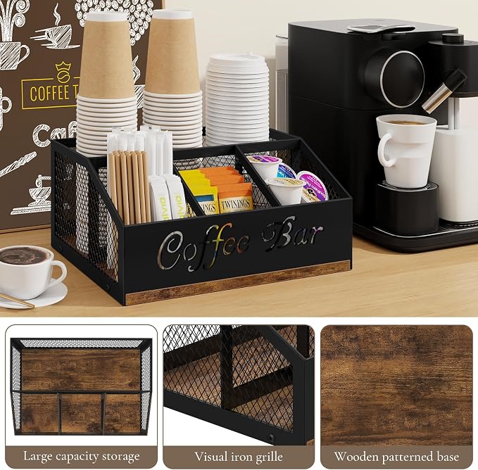 Coffee Station Organizer for Countertop, Coffee Bar Organizer | Wooden Coffee Organizer Station , Cup Condiment Holder , Sugar Creamer Caddy with Mesh Compartments for Pods, K Cups, Stirrer