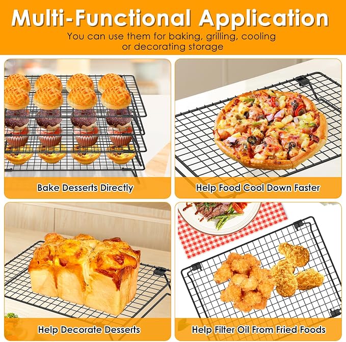 4 Pack Cookie Cooling Racks for Baking Stackable 4-Tier 13.4 x 9.4 Inch Wire Rack, Heavy Duty Baking Rack for Cookies, Cakes, Roasting, Drying, Black, Gifts for Baking Must Haves