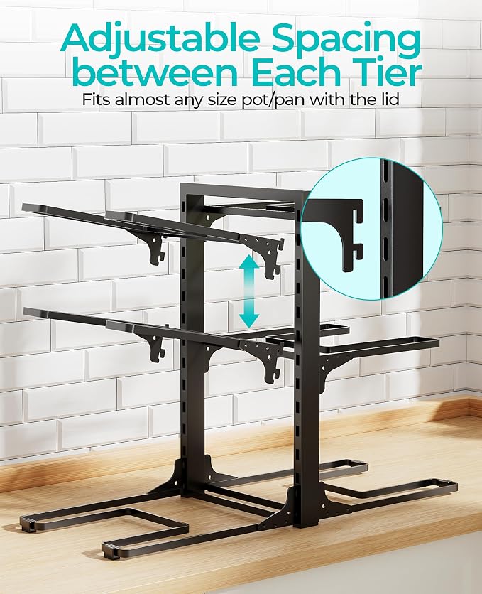 Pots and Pans Organizer Under Cabinet 13.8", 6-Tier Adjustable Rack | 2 DIY Modes, Tool-Free Assembly, Max 90 Lbs, Fits Cast Iron Pans, Dutch Ovens & Heavy Cookware, For Kitchen Cabinets