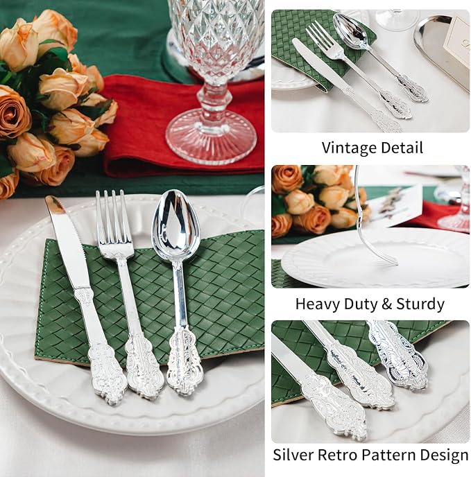 120PCS Silver Plastic Silverware, Vintage Disposable Utensils & Cutlery | 40 Fancy Forks, Spoons, Knives, Heavy Duty, BPA-Free, for Party, Weddings, Birthday & Holiday