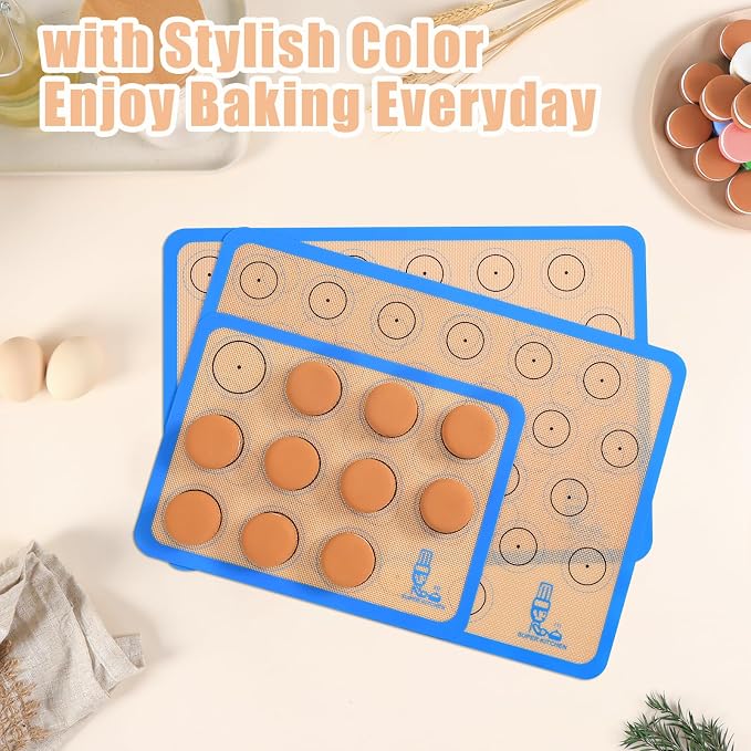 Silicone Macaron Baking Mat Sheet Set of 3-2 Half Sheet 1 Quarter Sheet | Non Stick Silicon Oven Liner For Macaroons and Cookies, By Folksy Super Kitchen (16.5x11.6, Blue)