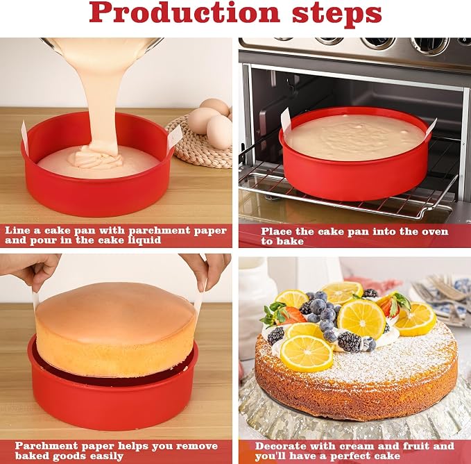 HUAKENER 10" Round Cake Pan, 3 Pcs Silicone Cake Molds with Parchment Paper | Nonstick,10 Inch Cake Molds with 100 Pieces Parchment Paper for Birthday Cakes, Layer Cakes, Cheese Caks, Chocolate Cakes