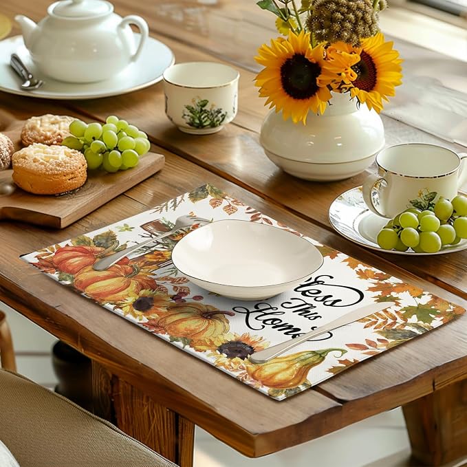 Fall Cross Pumpkin Placemats Set of 4 Autumn Thanksgiving Harvest Sunflower Maple Leaf Orange Linen Table Mats Seasonal Farmhouse Decorative Place Mat for Party Kitchen Dining Decor
