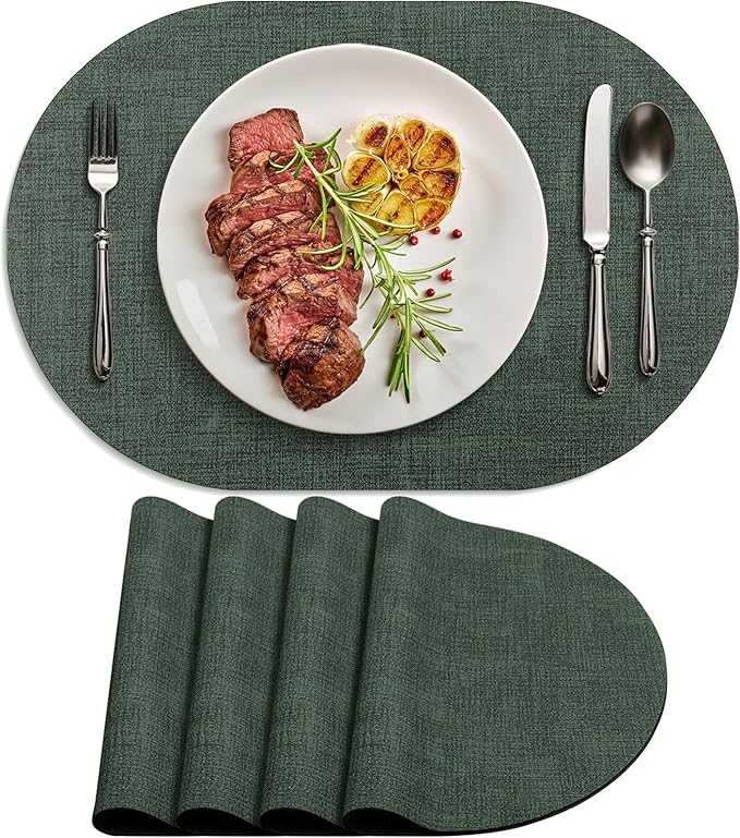 Placemats Set of 4 - Washable Heat Resistant Table Placemats - Wipeable Faux Leather Oval Place Mats, Waterproof Table Mats for Dining Table, Green