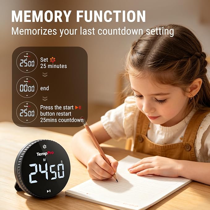 TempPro Magnetic Kitchen Timers for Cooking, Digital Timer for Kids Teacher | Countdown Timer with Easy-Twist Knob, Loud Alarm & Silent Mode, Classroom Timer with Large LED Display for Office Workout