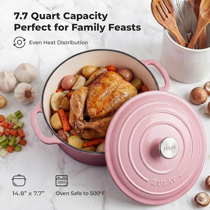 Zulay Kitchen 7.7 Quart Enameled Cast Iron Dutch Oven Pot with Lid – Premium Durability & Oven Safe up to 500°F – Heavy Duty Cookware Perfect for Bread Baking, Stews, Braising & Roasting – Pink