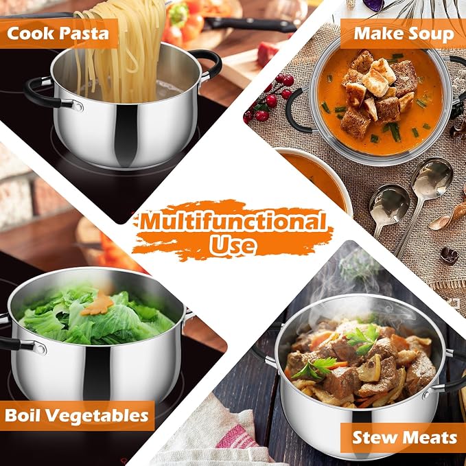 P&P CHEF 4 Quart Stainless Steel Stock Pot, Cooking Pot with Visible Lid | For Soup Pasta, Tri-Ply Bottom & Dual Heatproof Handles, For Induction Gas All Stoves, Non-Toxic & Dishwasher Safe