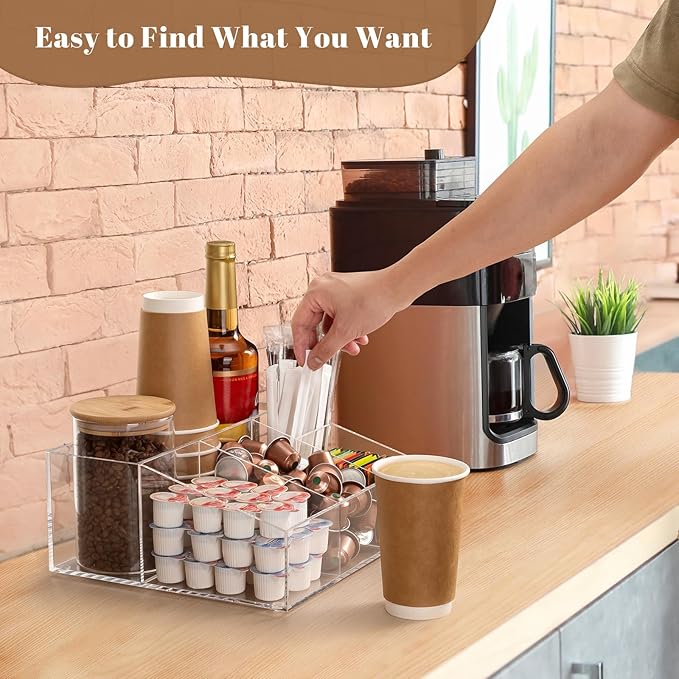 BEYGORM Acrylic Coffee Bar Station Organizer for Countertop | Coffee Gift for Coffee Lovers, Office Breakroom Storage Holder for Kcup Pod, Condiment, Cup, Tea, Creamer, Syrup (Clear)