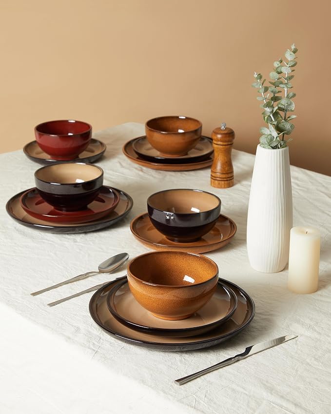 Santorini Mist Terracotta Reactive Glaze Plates and Bowls Sets, Stoneware Dinnerware Sets, Microwave and Dishwasher Safe Ceramic Dish Set Service for 4, Mocha Brown
