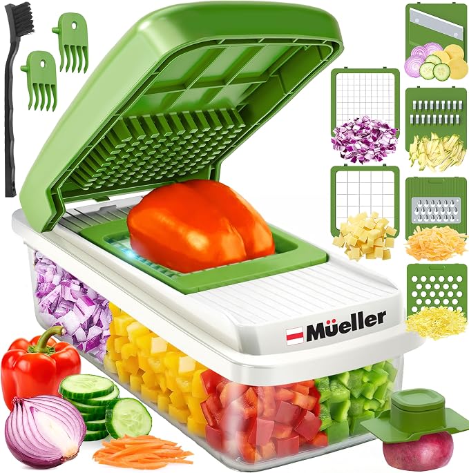 Mueller Vegetable Chopper, Mandoline Slicer, Food Veggie Chopper, Cheese Grater, Onion Vegetable Cutter with Container, Dicer, Kitchen Gadgets & Essentials, White Sand/Green