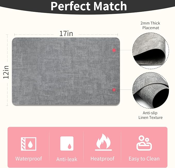 Maxpearl Faux Leather Placemats Set of 8, Easy to Clean, Light Grey | Waterproof - Heat Resistant - Non Slip - Wipe Clean Dining Table Place Mats, Suitable for Indoor & Outdoor Use, 17''×12''