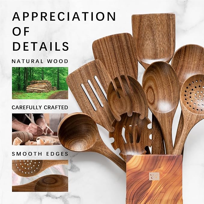 Wooden Spoons for Cooking, 9-Piece Acacia Wood Cooking Utensil Set | Spoons and spatulas stir, mix, flip and serve; balanced handles offer control while staying gentle on nonstick cookware.