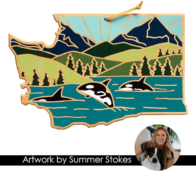 Totally Bamboo Washington State Shaped Cutting Board, Summer Stokes Art | State charcuterie board with colorful hand-drawn landscape art. Smooth reverse side for food prep. Hang tie for wall display.