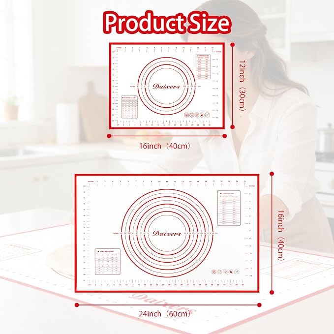 Silicone Baking Mats Set of 2,Large 24" x 16" Small 16" x 12" Non Stick Non Skid Pastry-Mat with Measurements (Red)