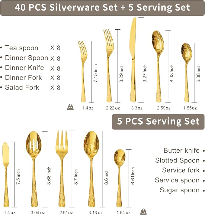 45 Piece Gold Silverware Set with Serving Utensils, 18/10 Stainless Steel | Hammered Ripple Handles, Serving Utensils, Dishwasher Safe, Rust Resistant, for Weddings, Parties & Holiday Dinners