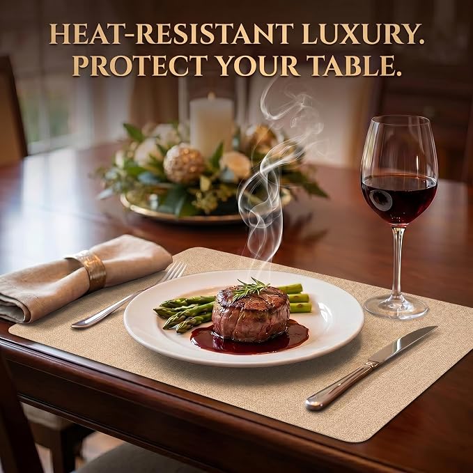 Faux Leather Placemats Set of 6, Wipeable Waterproof Stain Resistant Table Mats, Heat Resistant Thick Placemats with Hand-Painted Edges for Kitchen Dining, Imitative Linen Texture, Various Shapes