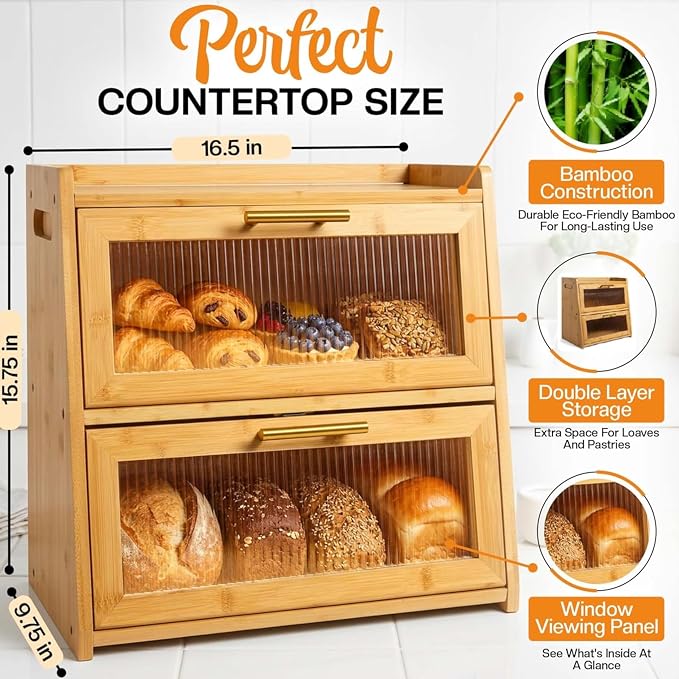 Extra Large Bamboo Bread Box for Kitchen Countertop, Double Layer Wooden Breadbox Holds Multiple Loaves of Homemade Bread, 16.5 Inch Storage Container with Frosted Acrylic Windows